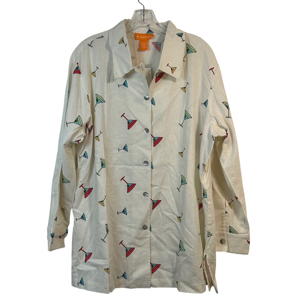 Sunberry Linen Blend Martini Glass Print Button Down Shirt Ivory Womens 1x Nwt